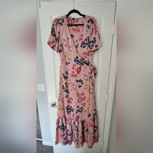 Lulus Floral Wrap Short Sleeve Long Dress in Pink - XL